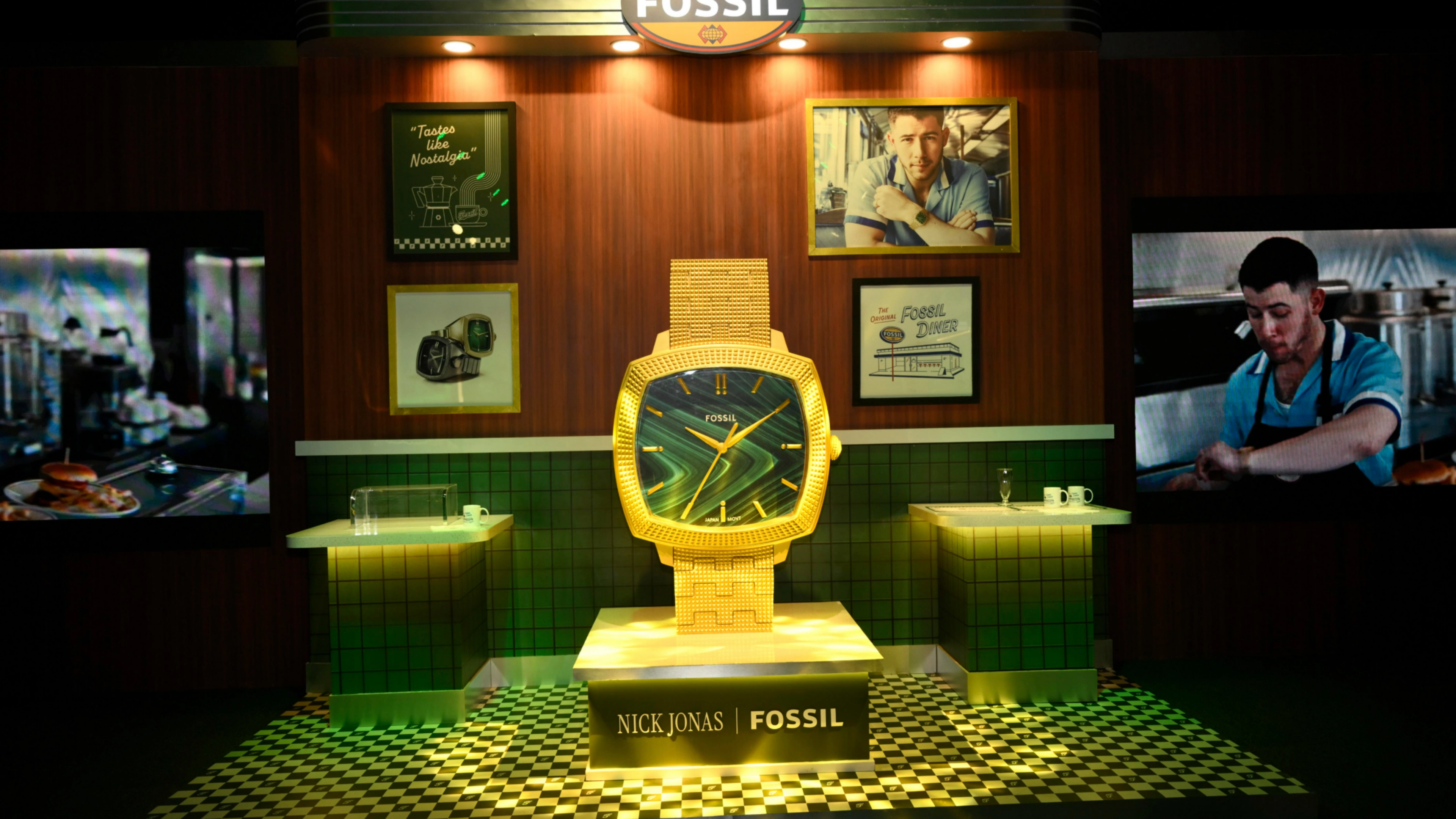 Fossil Diner activation - Closeup of nostalgic details like chrome accents, checkered flooring, and authentic 1950s diner fixtures