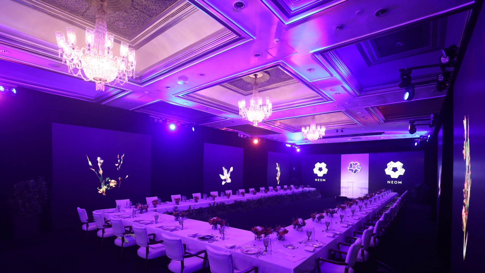 NEOM Brand Activation - Overall venue transformation showing the bespoke conference setup at Travancore Palace